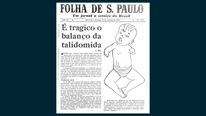 Capa do Jornal Folha de São Paulo, de 1962, com uma imagem de bebê com síndrome de Talidomida
